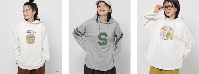 フーディープルオーバー<br>価格：6,000円（税込）<br>カラー展開：ハンバーガー / アルファベット / アニマル<br>サイズ：Free
