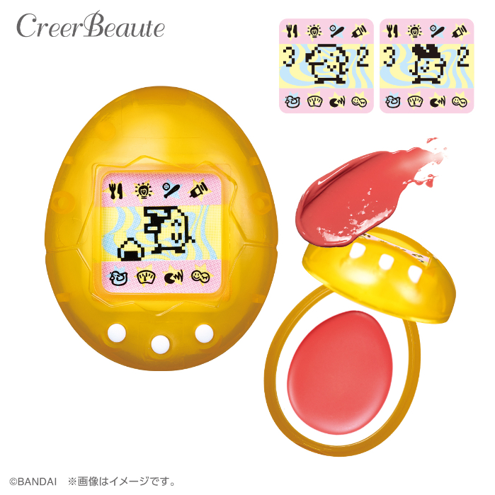 新種発見!!たまごっち　透明イエロー（カラー・クラシックコーラル）<br>画面のたまごっち：はしぞーっち　付属シールのたまごっち：ポチっち、みみっち