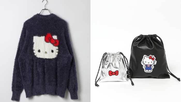 「Elura」×ハローキティ<br>左から<br>【HELLO KITTY】Vネックカーディガン 全3種<br>価格：11,000円（税込）<br>サイズ：FREE<br>【HELLO KITTY】ワッペン付き巾着セット 全2種<br>価格：3,300円（税込）