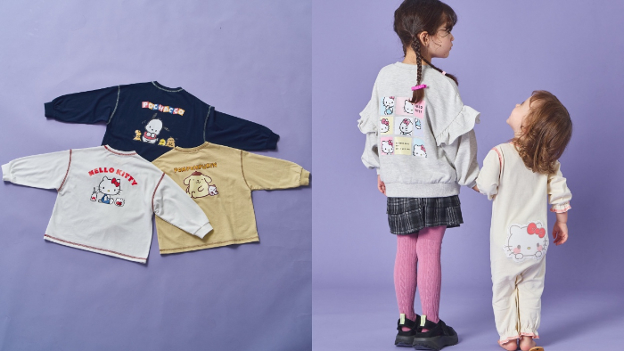 「PAIR MANON」×ハローキティ・クロミ・ポムポムプリン<br>左から<br>【ハローキティ】【ポムポムプリン】【ポチャッコ】ユニセックス バックプリント 長袖Tシャツ　全3種<br>価格：2,000円（税込）<br>サイズ：90cm／100cm／110cm／120cm／130cm／140cm／150cm<br>【ハローキティ】【マイメロディ】【クロミ】ガールズ フリル裏毛スウェット 全3種<br>価格：3,000円（税込）<br>サイズ：90cm／100cm／110cm／120cm／130cm／140cm／150cm<br>【ハローキティ】【マイメロディ】【クロミ】 ぷっくりおしりワッペン ベビーロンパース 全3種<br>価格：2,295円（税込）<br>サイズ：70cm／80cm