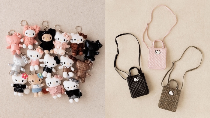 「LOWRYS FARM」×ハローキティ・マイメロディ・クロミ<br>左から<br>【HELLO KITTY】トイキーホルダー6　全15種<br>価格：2,490円（税込）<br>【HELLO KITTY】キルティングminiBAG　全3種<br>価格：3,490円（税込）