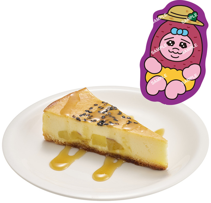 お芋のチーズケーキ蜜芋風ソースがけ コラボ限定お芋ピック付き<br>■価格：税込350円～<br>■販売期間：2025年10月22日（水）～コラボ限定ピックの手配総数18.5万枚分が完売次第終了。