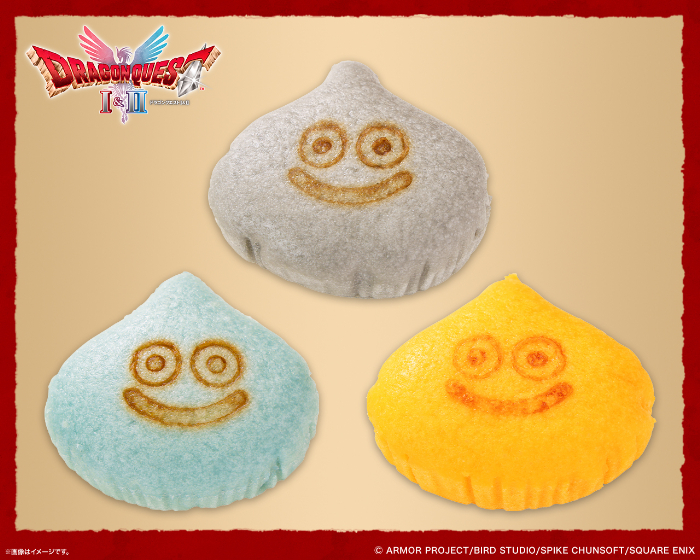 （左）スライムむしパン　ミルクセーキ風味<br>（右）スライムベスむしパン　カスタードプリン風味<br>（中）メタルスライムむしパン　コーヒー風味<br>各・本体価格138円（税込149円）