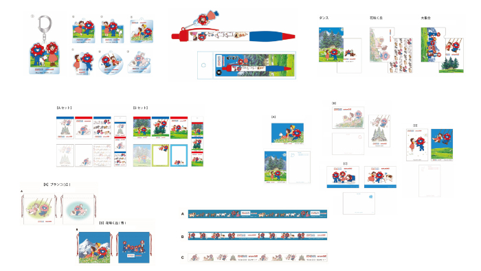 アクリルキーホルダー／ブラインド仕様：全7種／¥1,000＋税<br>アクリルチャーム付きボールペン／サイズ：約 H140xW16mm／¥800＋税<br>クリアファイル（3種：ダンス・花咲く丘・大集合）／A4サイズ／¥400＋税<br>メモ帳3Pセット（Aセット・Bセット）／本体サイズ：H90xW70mm／¥750＋税<br>ポストカード2枚セット（A・B・C・D）／本体サイズ：148x100mm／¥350＋税<br>マスキングテープ（A・B・C）／サイズ(約)：幅 18mmx7m／¥600＋税<br>マルチ巾着（ブランコ・花咲く丘）／サイズ(約)： 190x190mm／¥1,200＋税