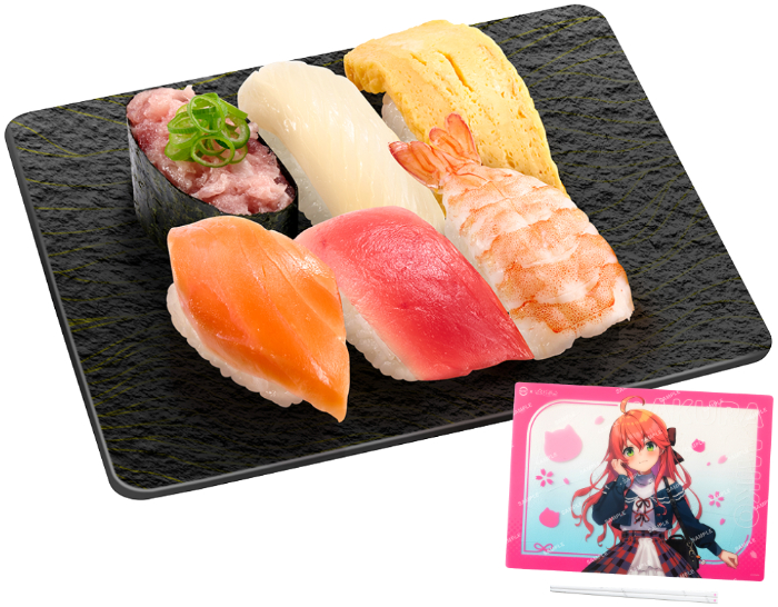 さくらみこコラボ限定セット6貫 コラボ限定ランチョンマット＆箸付き<br>価格：税込1,700円～<br>予約開始日時：2025年11月19日（水）AM7:00～ネット注文のみ<br>コラボ限定ランチョンマット＆箸の手配総数0.9万セット分が完売次第終了。<br>受取期間：2025年11月22日（土）～12月7日（日） 各店舗、営業開始時間から