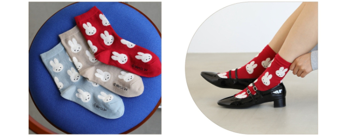 03＜ミッフィーモール総柄ソックス＞<br>・カラー：ベージュ、モカ、ミント<br>（※ミントはオンラインストア限定カラー）<br>・サイズ：22.5～24.5cm<br>・￥1,760（税込）