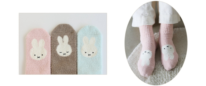 05＜ミッフィーもこもこアメリブショートソックス＞<br>・カラー：モカチャ、ピンク、サックス<br>・サイズ：22.5～24.5cm<br>・￥1,980（税込）