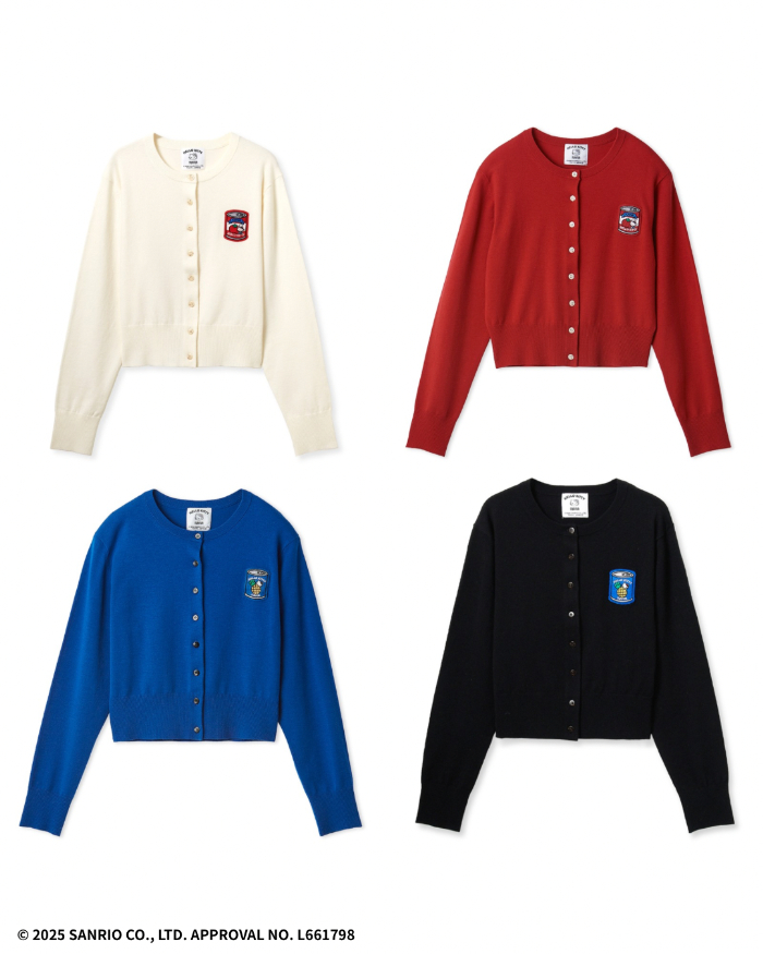HELLO KITTYワッペンカーディガン<br>価格：￥19,800<br>カラー：WHT,RED,BLU,BLK<br>サイズ：F