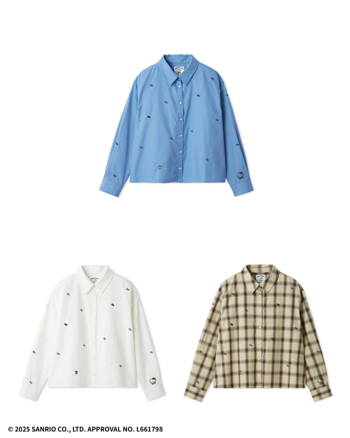 HELLO KITTYリボン刺繍シャツ<br>価格：￥25,300<br>カラー：BLU,WHT,BEG<br>サイズ：F