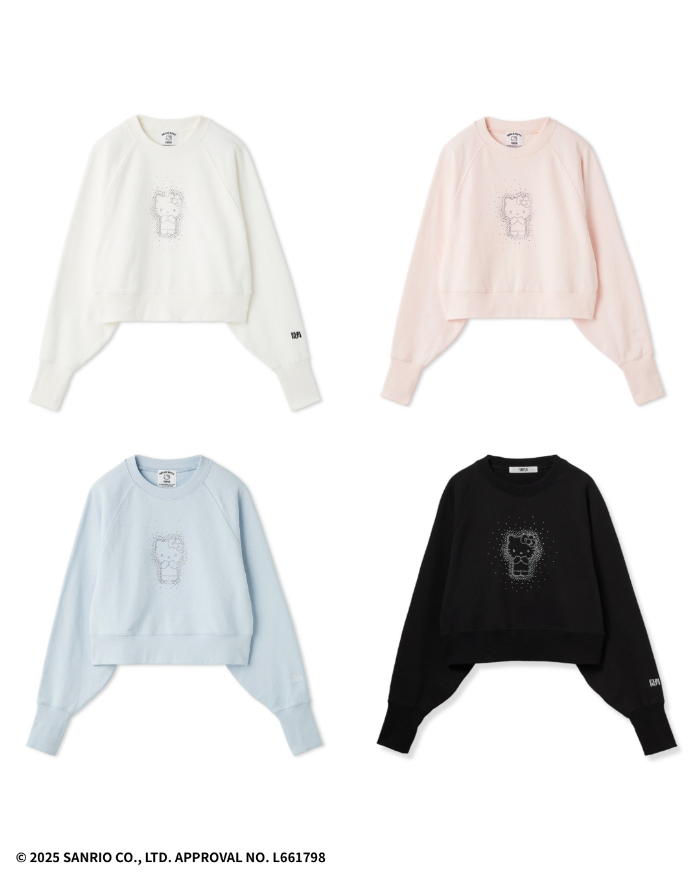 HELLO KITTYクリスタルスウェット<br>価格：￥15,400<br>カラー：WHT,LPNK,SAX,BLK(オンライン・ルミネ新宿2店・ルミネ横浜店限定カラー）<br>サイズ：F