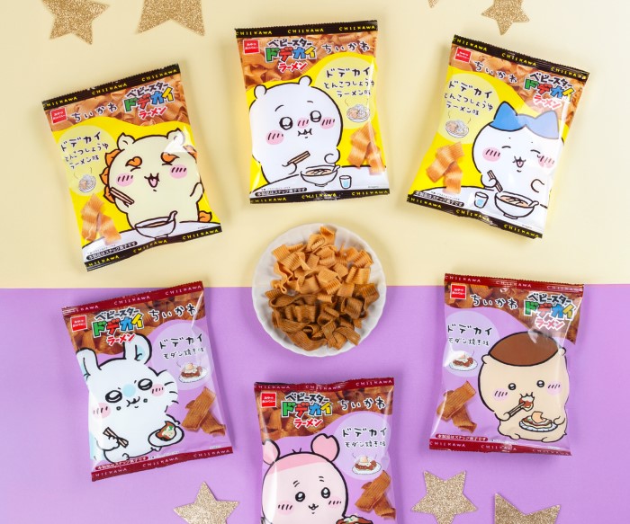 「ちいかわ」”とんこつしょうゆラーメン”と”巨・モダン焼き”が幅広麺のベビースターになって登場！