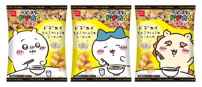 ちいかわ ベビースタードデカイラーメン（とんこつしょうゆラーメン味）<br>内容量：60g<br>価格：オープン価格（店頭想定価格：税込152円前後）<br>発売日：2025年11月24日（月）全国のコンビニエンスストア<br>2025年12月1日（月）全国のスーパーマーケットなど<br>※取扱い状況は企業および店舗により異なります。