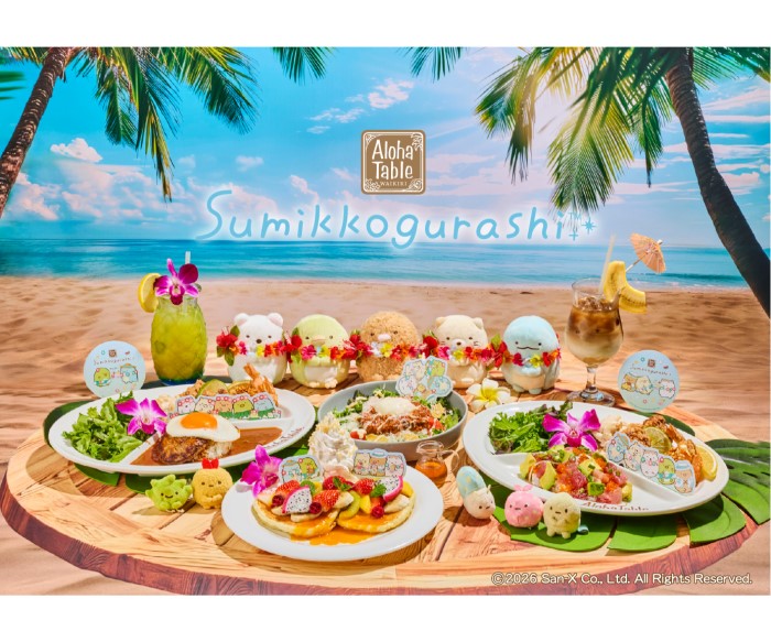 「すみっコぐらし」がリゾート風衣装でアロハテーブルに大集合！コラボメニューやグッズが登場